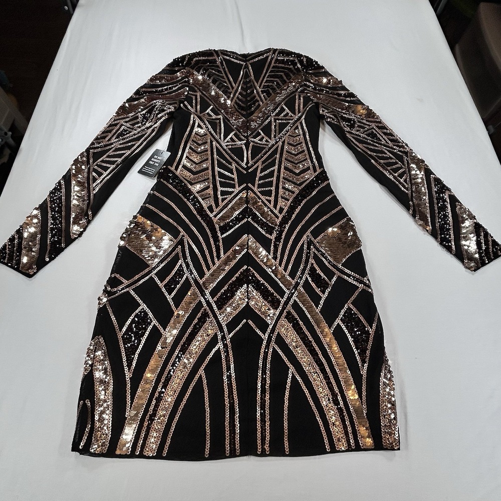 NEW EXPRESS Black Gold Sequin Geometric Bodycon Dress S Glam Holiday Party $118 - Picture 7 of 16